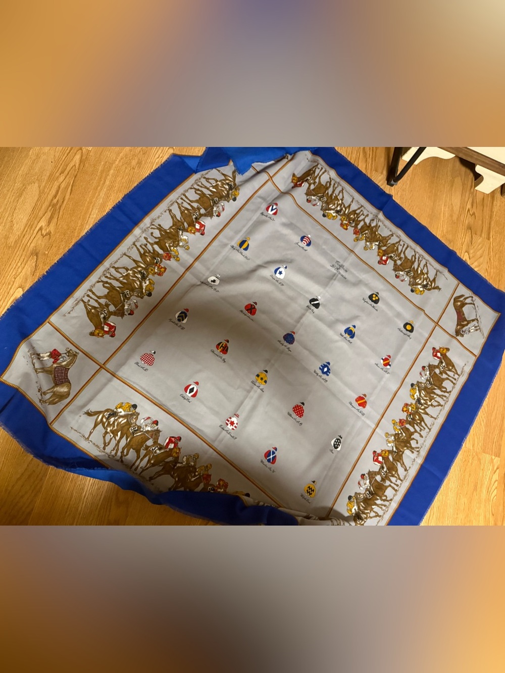 Equestrian Print Silk Scarf in Blue and Gray